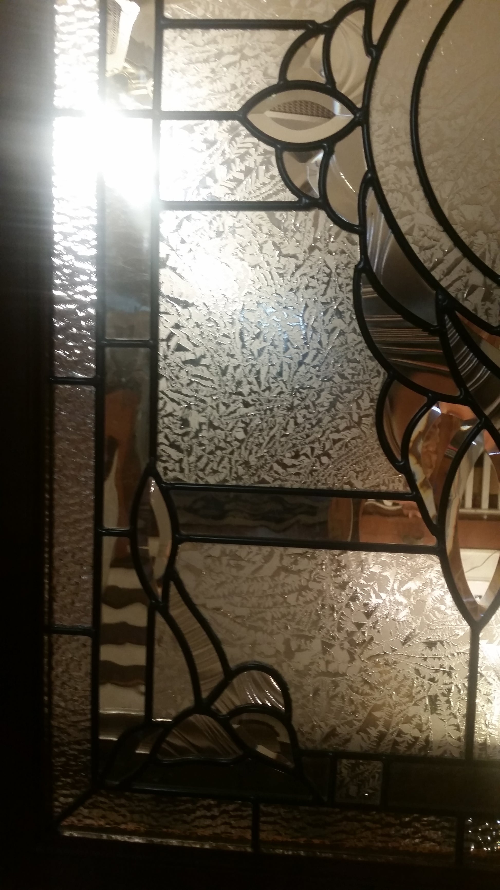 Glass Window - Stained Leaded Wood Frame Clear Glass w/ Twirl Beveled Design-Jantiques LLC.