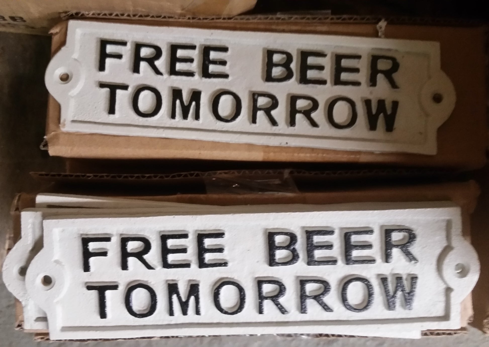 Cast Iron Sign - White Vintage "Free Beer Tomorrow"-Jantiques LLC.