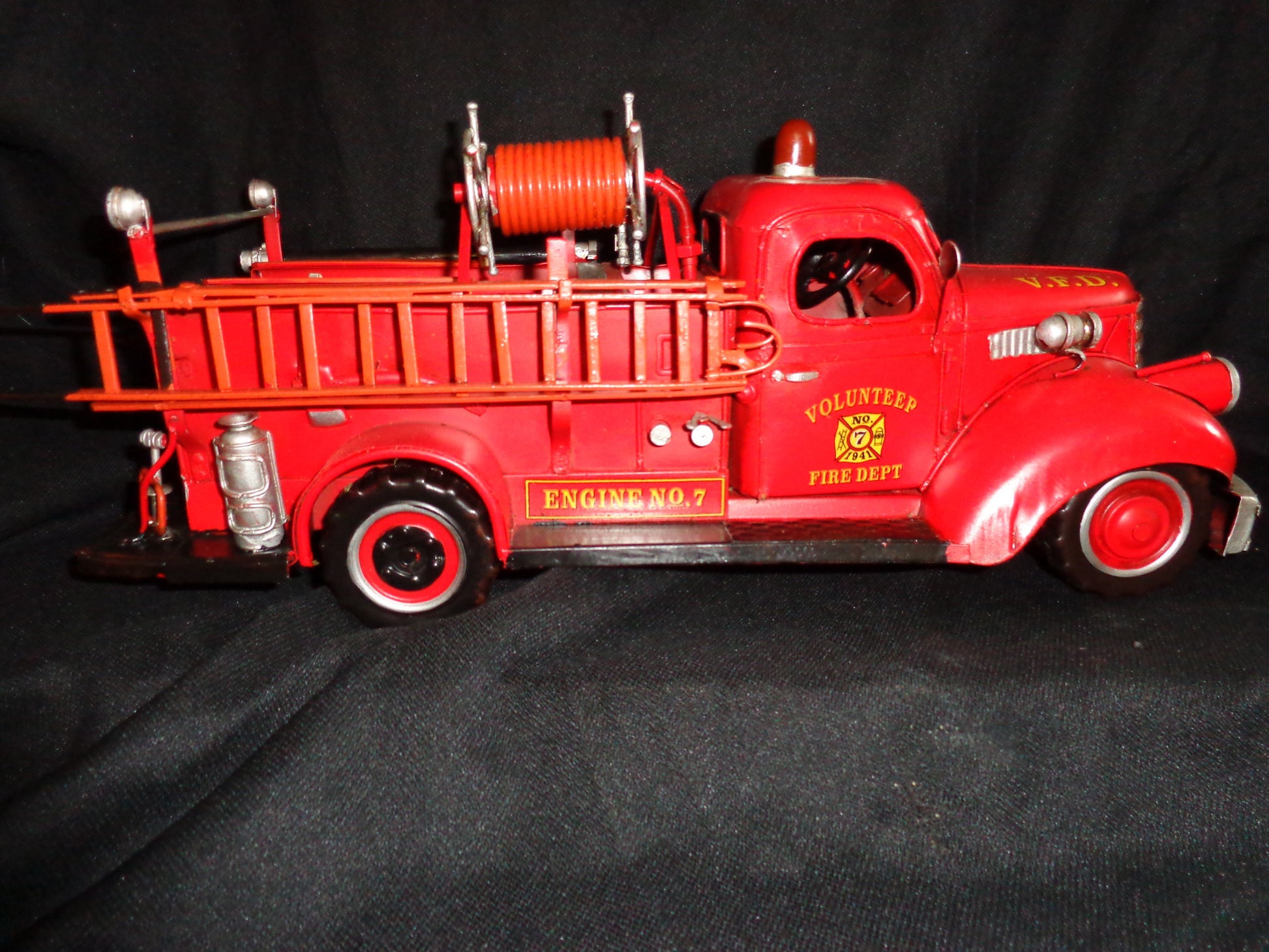 Vintage Toys - Fire Truck 1941 Mack Tin Volunteer Engine Number 7-Jantiques LLC.