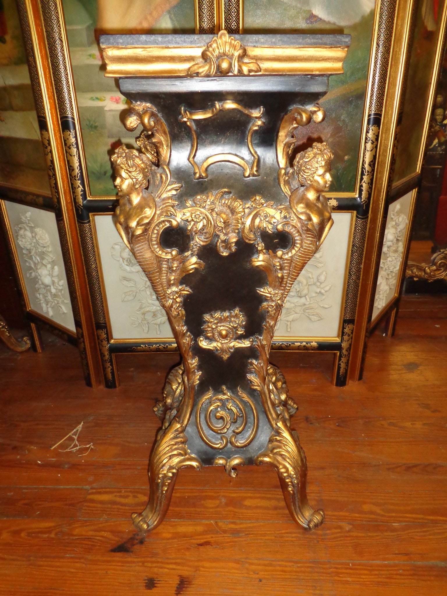 French Louis XV - Pair Black Marble Top Pedestal Table w/ Gold Gilded-Jantiques LLC.