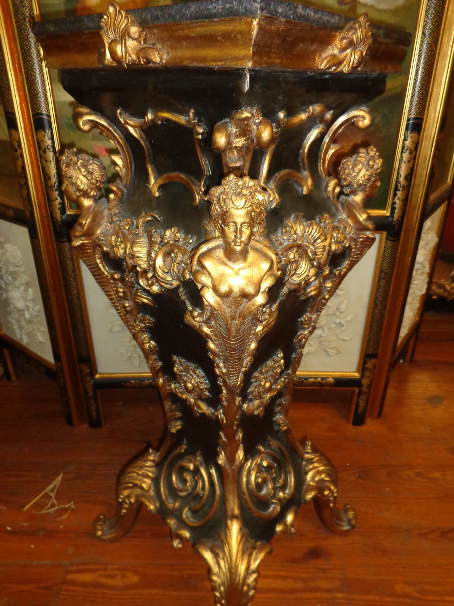 French Louis XV - Pair Black Marble Top Pedestal Table w/ Gold Gilded-Jantiques LLC.