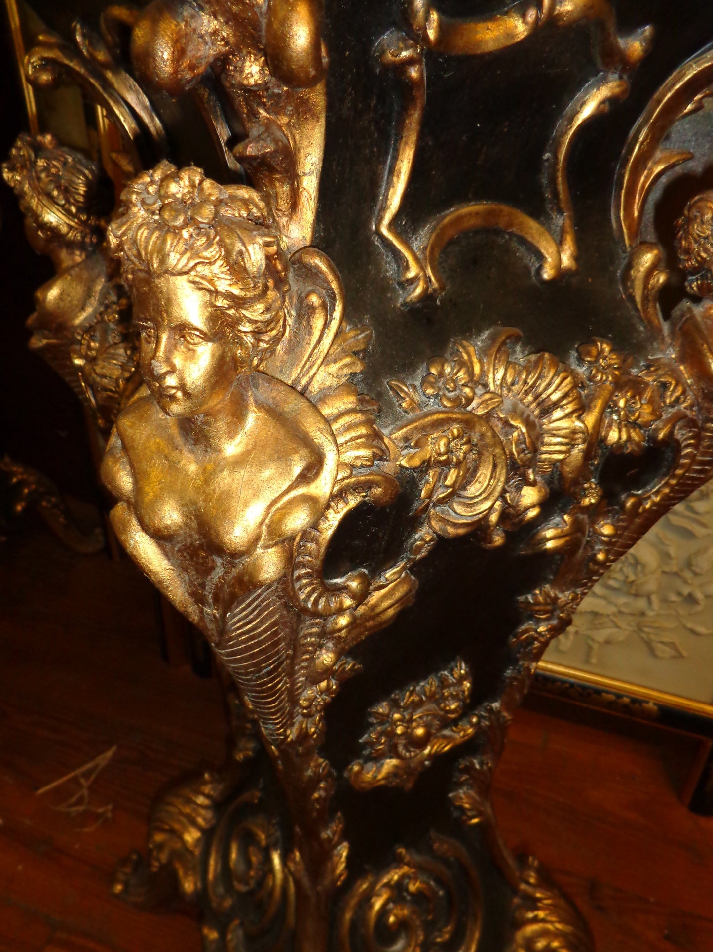 French Louis XV - Pair Black Marble Top Pedestal Table w/ Gold Gilded-Jantiques LLC.