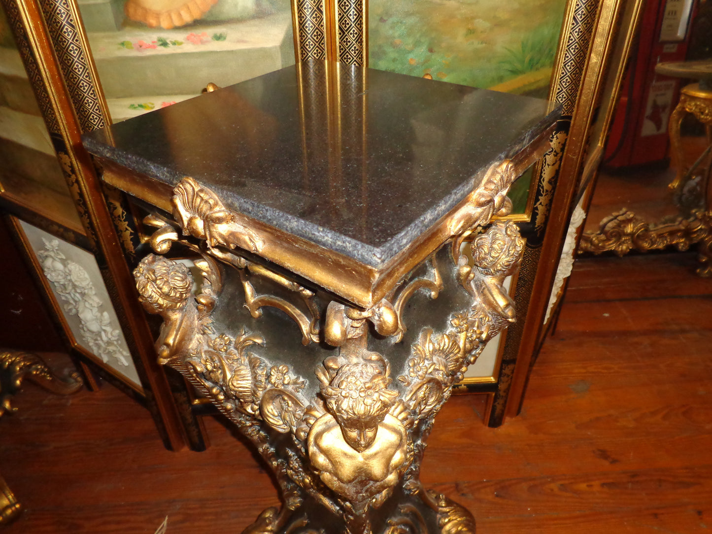 French Louis XV - Pair Black Marble Top Pedestal Table w/ Gold Gilded-Jantiques LLC.