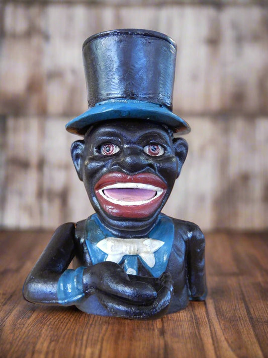 Cast Iron Mechanical Bank - Blue Suit Black Americana Man with Top Hat-Jantiques LLC.