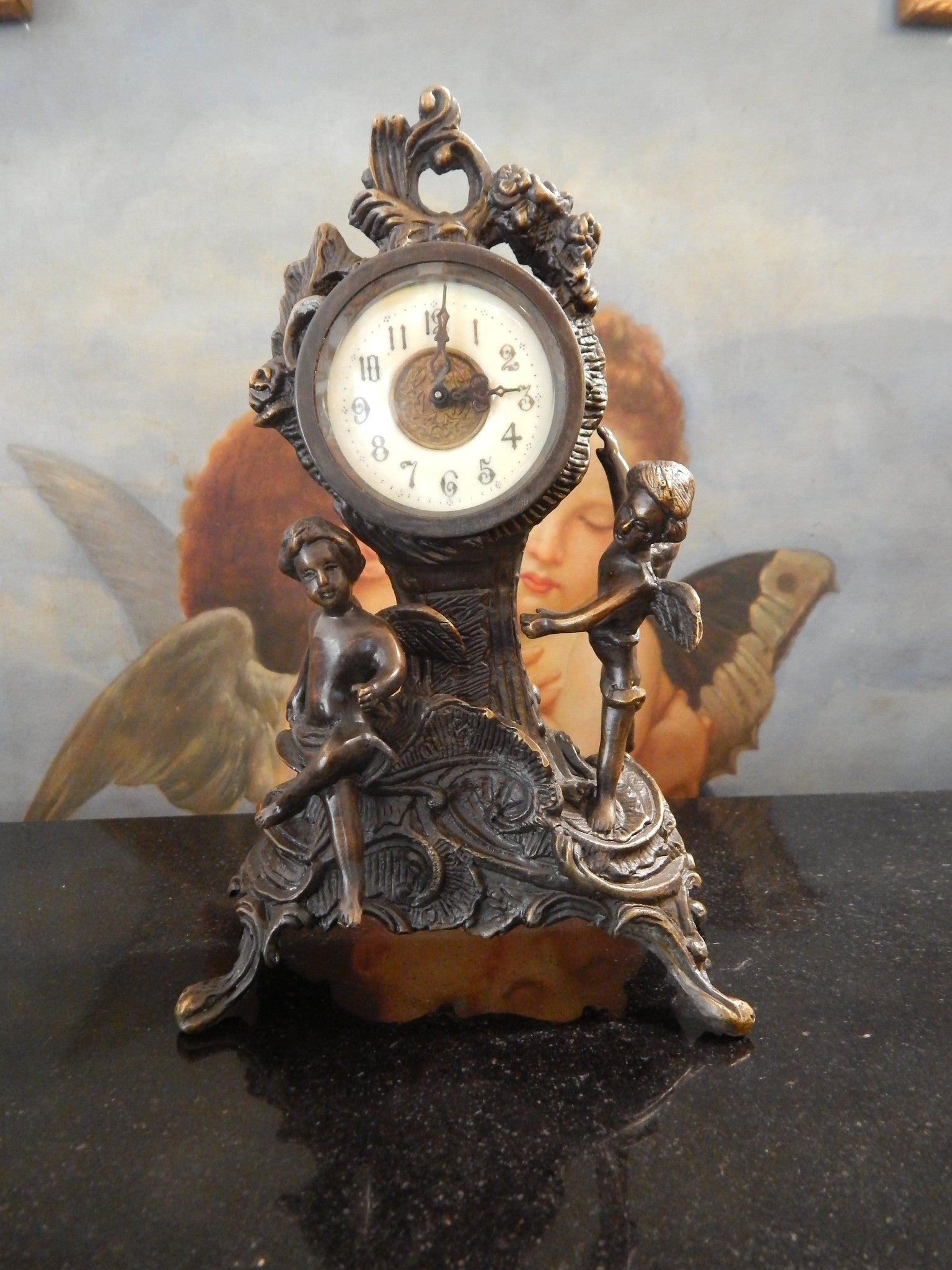 Bronze Clock - Table Top Clock Cherub-Jantiques LLC.