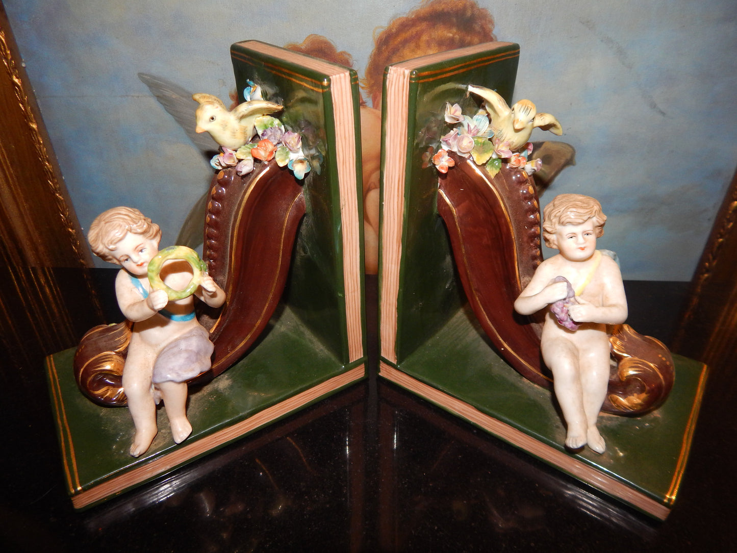 Porcelain Bookends - Pair Dresden Sitting Cherub-Jantiques LLC.