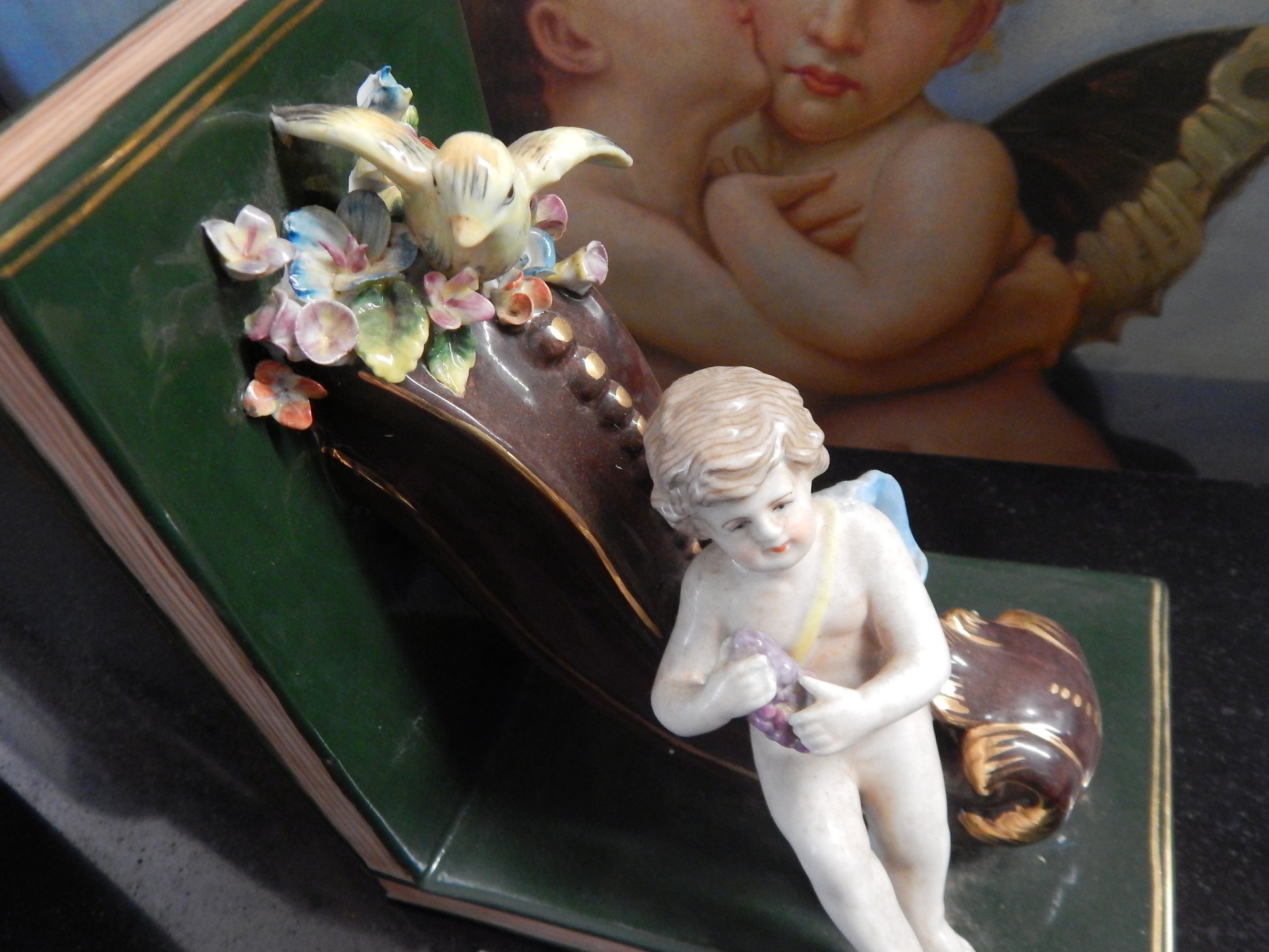 Porcelain Bookends - Pair Dresden Sitting Cherub-Jantiques LLC.