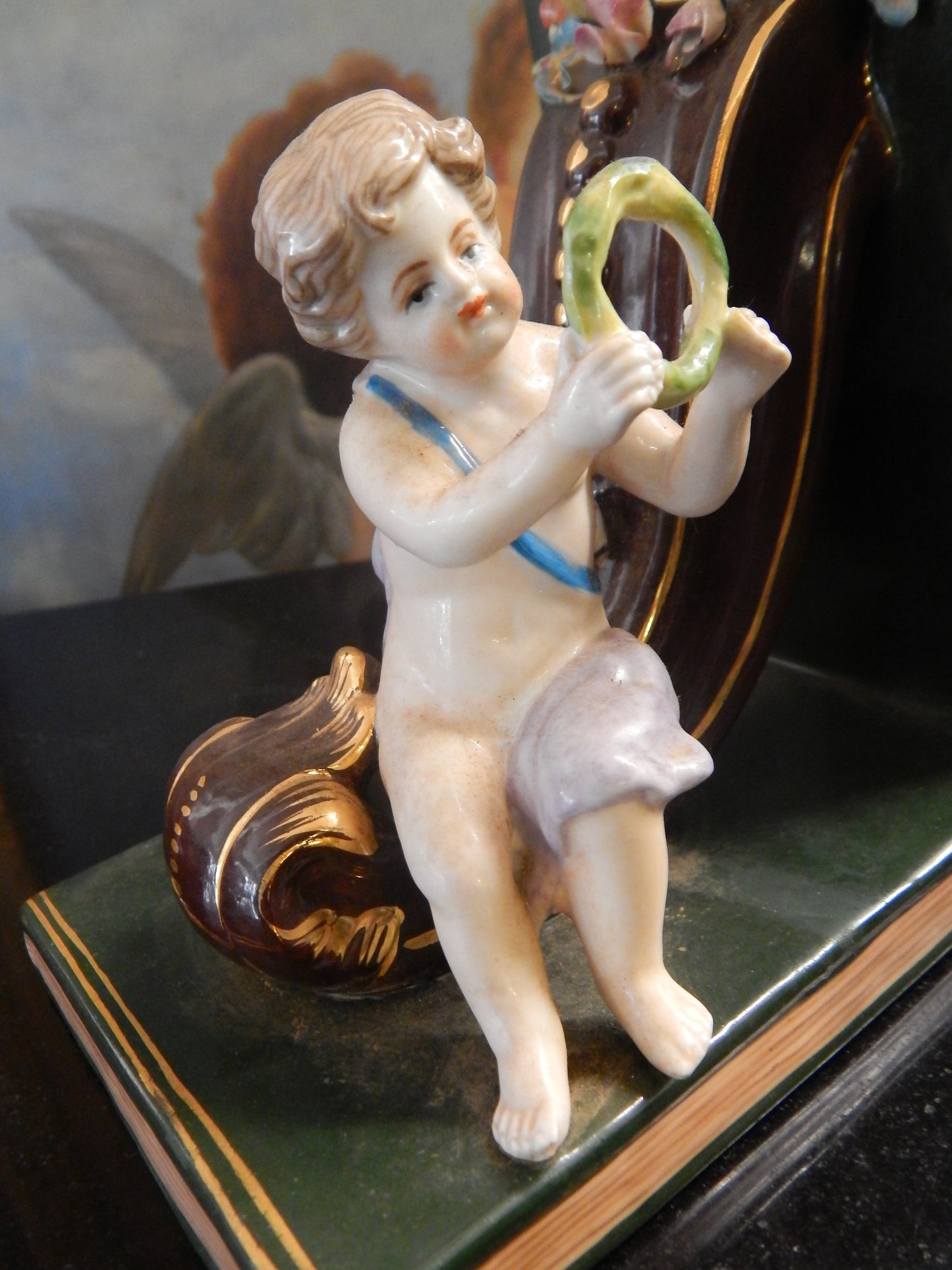 Porcelain Bookends - Pair Dresden Sitting Cherub-Jantiques LLC.