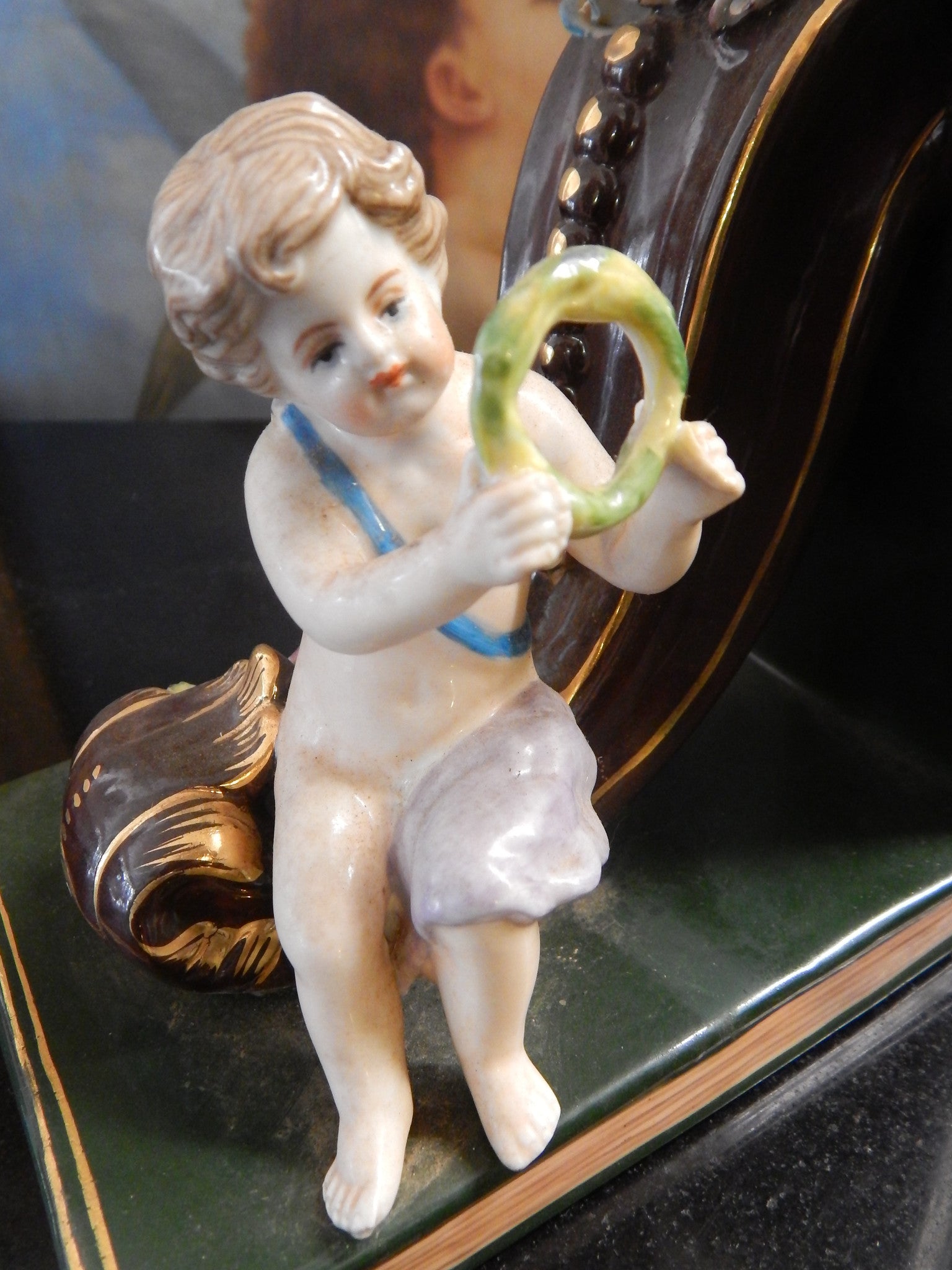 Porcelain Bookends - Pair Dresden Sitting Cherub-Jantiques LLC.