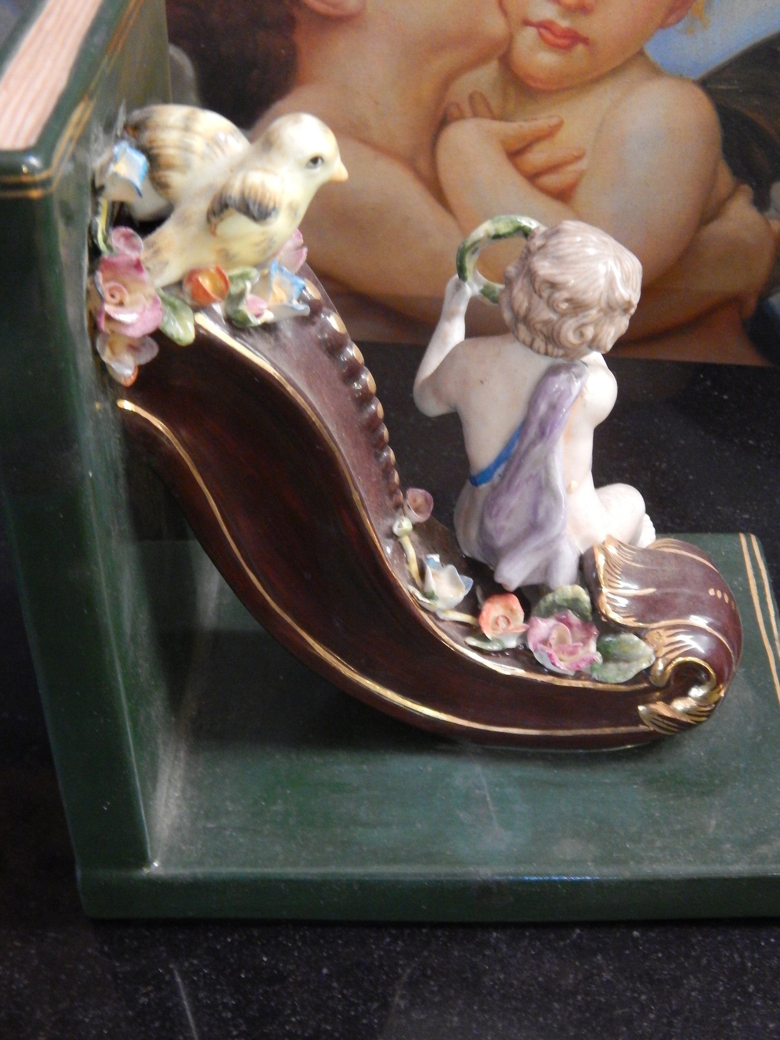 Porcelain Bookends - Pair Dresden Sitting Cherub-Jantiques LLC.