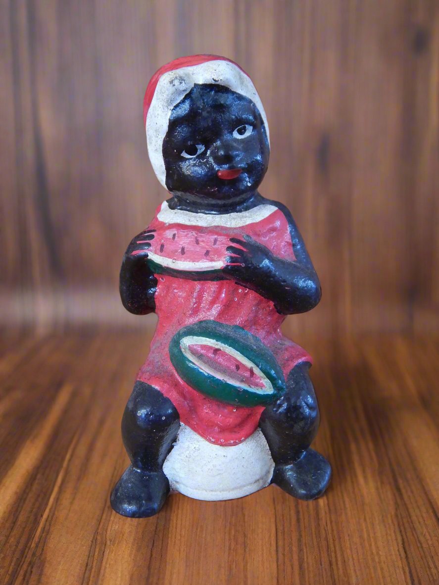 Cast Iron Bank - Americana Girl Eating Watermelon On Pot-Jantiques LLC.