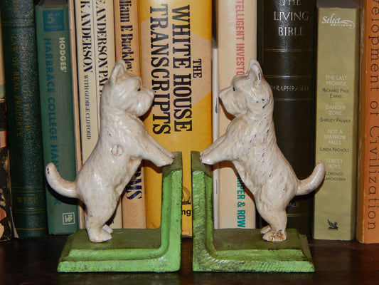 Bookends -Cast Iron Pair White Vintage Scottish Terrier-Jantiques LLC.