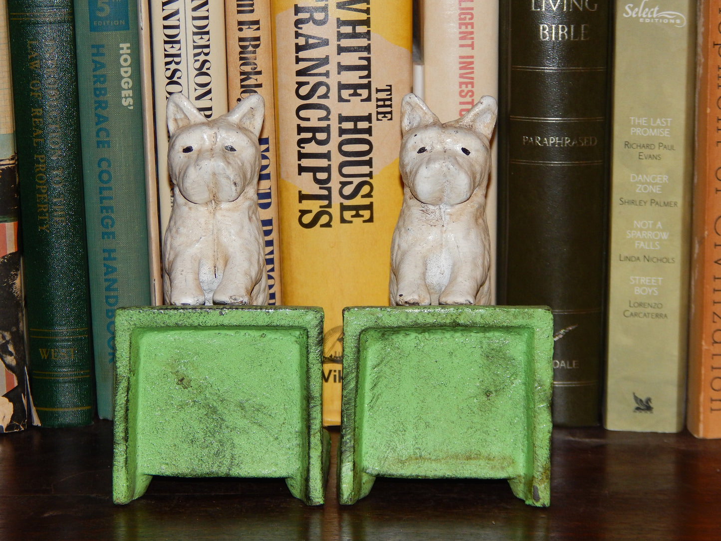 Bookends -Cast Iron Pair White Vintage Scottish Terrier-Jantiques LLC.