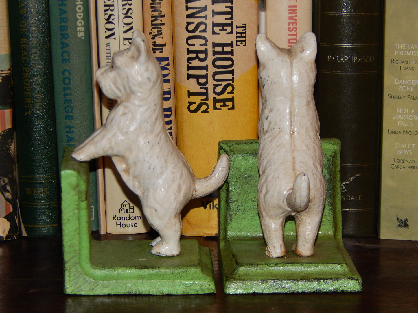 Bookends -Cast Iron Pair White Vintage Scottish Terrier-Jantiques LLC.