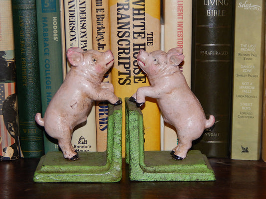 Bookends -Cast Iron Pair Vintage Style Pink Pig-Jantiques LLC.