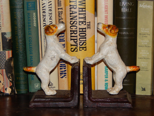 Bookends -Cast Iron Pair White Vintage Jack Russell Terrier-Jantiques LLC.