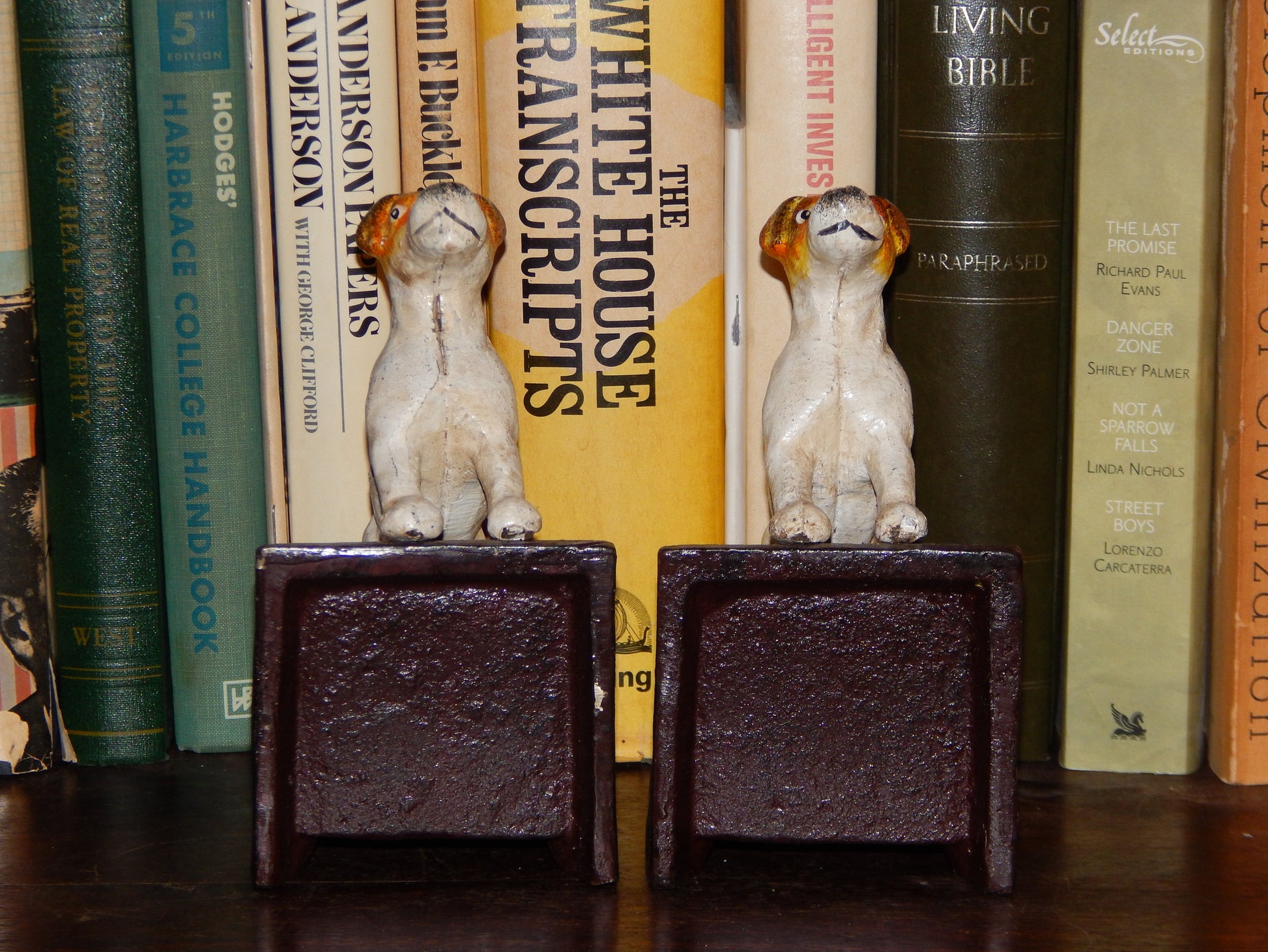 Bookends -Cast Iron Pair White Vintage Jack Russell Terrier-Jantiques LLC.