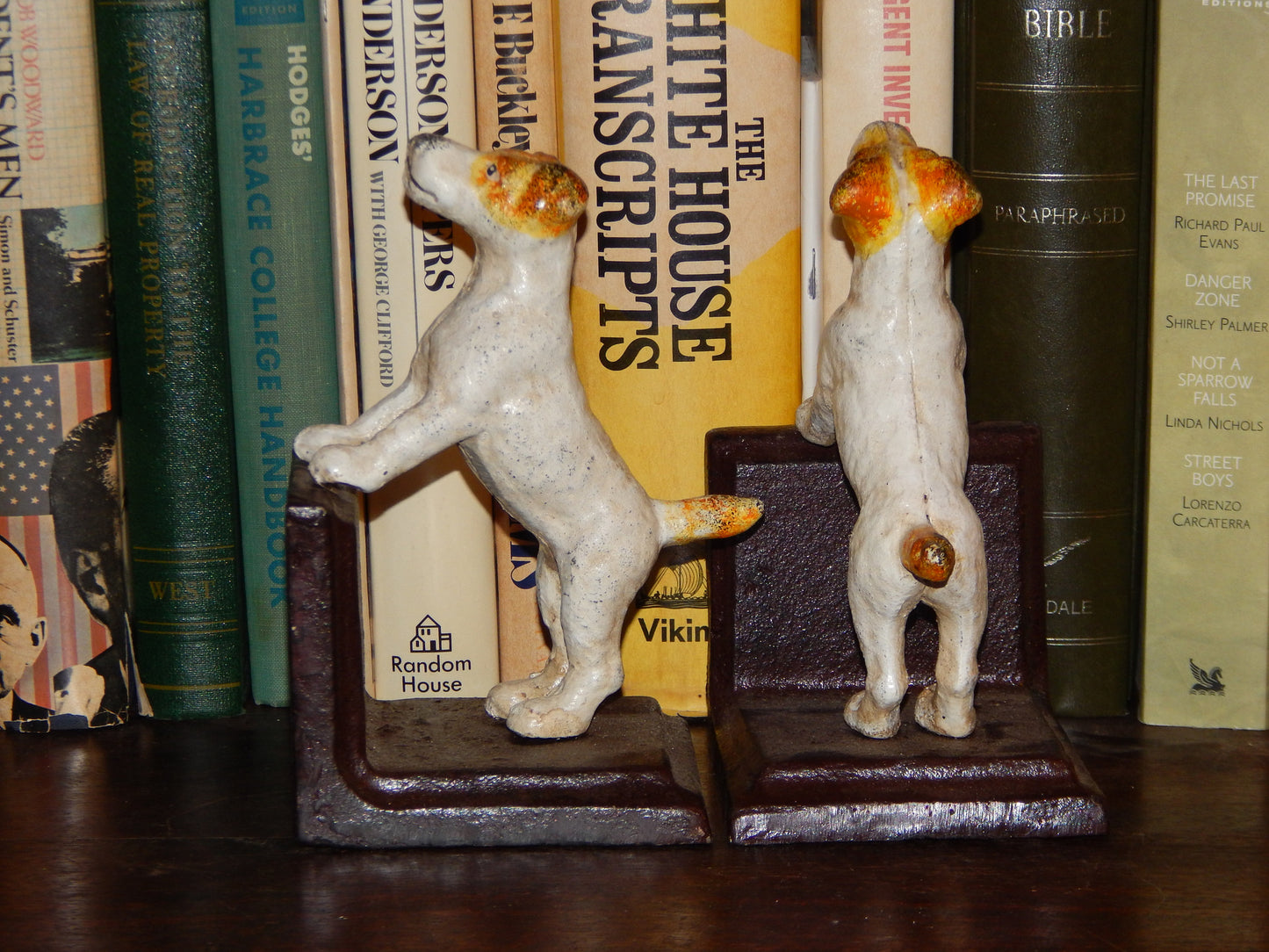 Bookends -Cast Iron Pair White Vintage Jack Russell Terrier-Jantiques LLC.