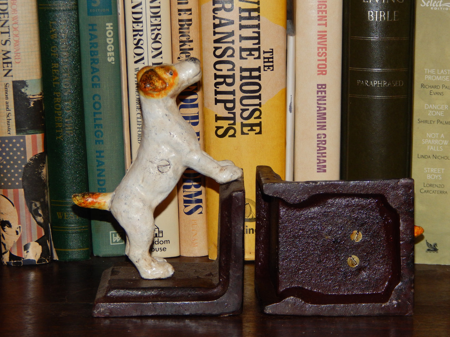 Bookends -Cast Iron Pair White Vintage Jack Russell Terrier-Jantiques LLC.