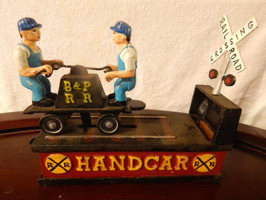 Coin Bank Handcar Railroad Crossing Coin Bank-Jantiques LLC.