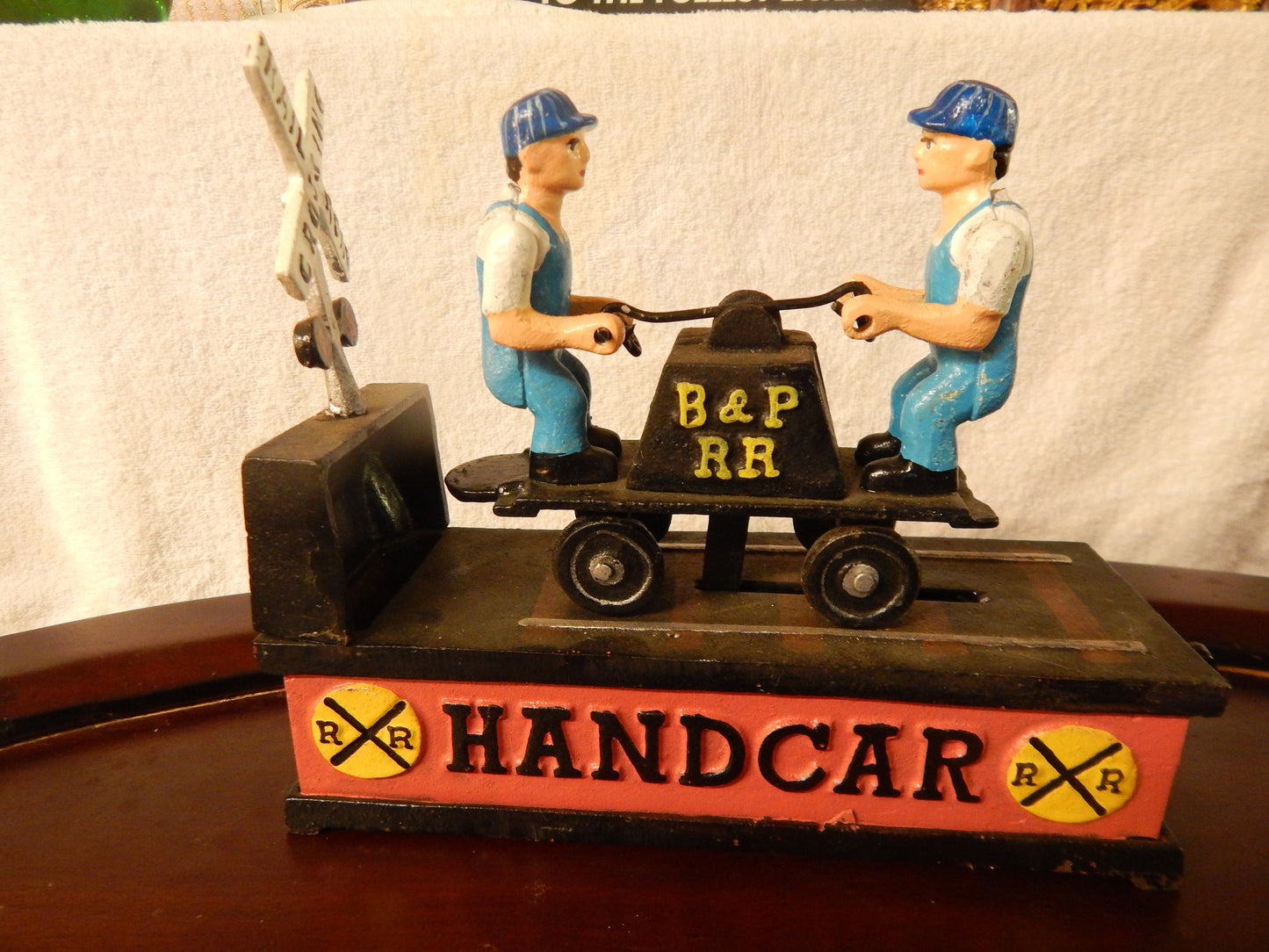 Coin Bank Handcar Railroad Crossing Coin Bank-Jantiques LLC.