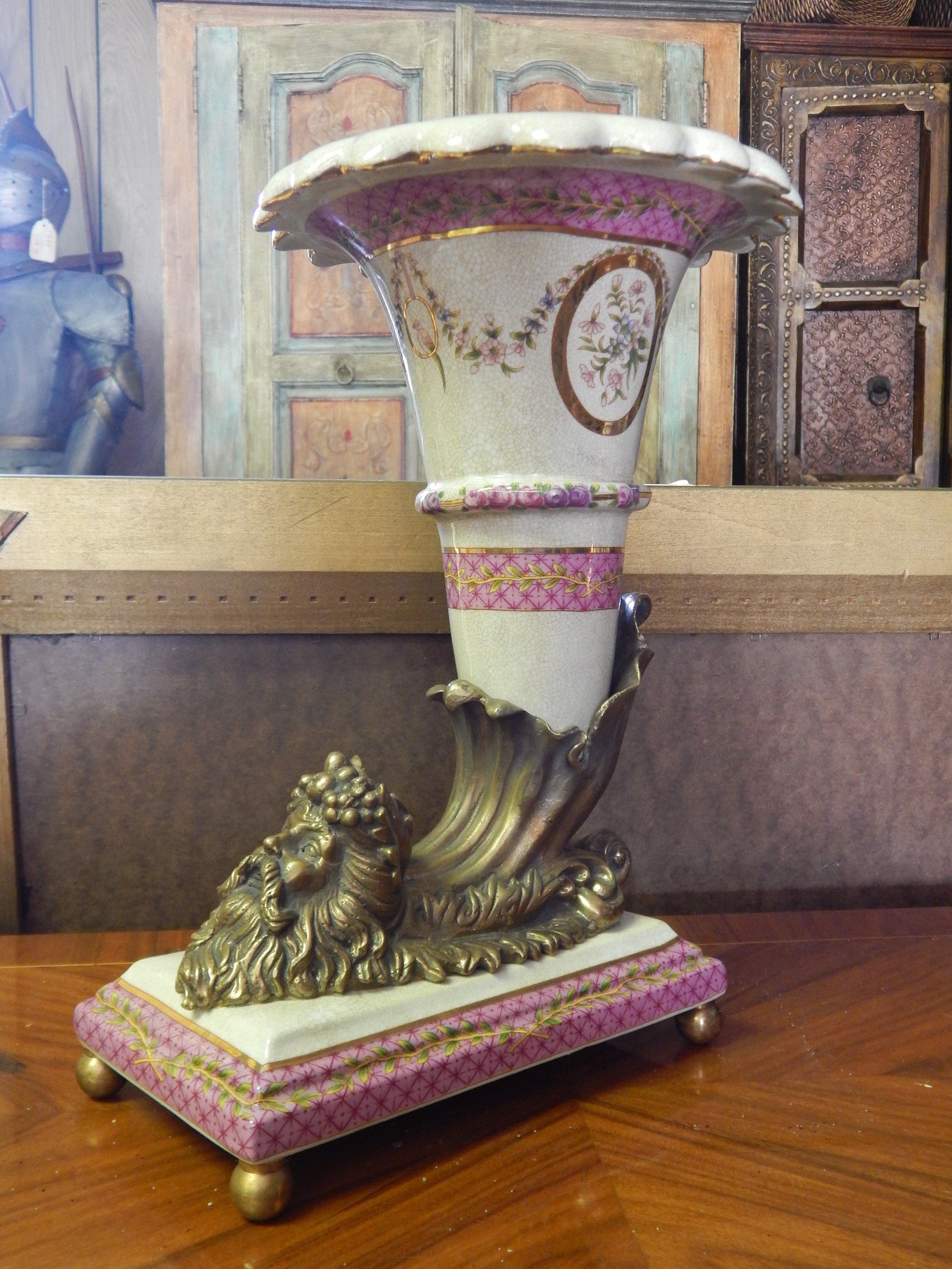 Sevres Porcelain- Pink Cornucopia Vase French w/Gilt Bronze Ormolu God/Neptune-Jantiques LLC.