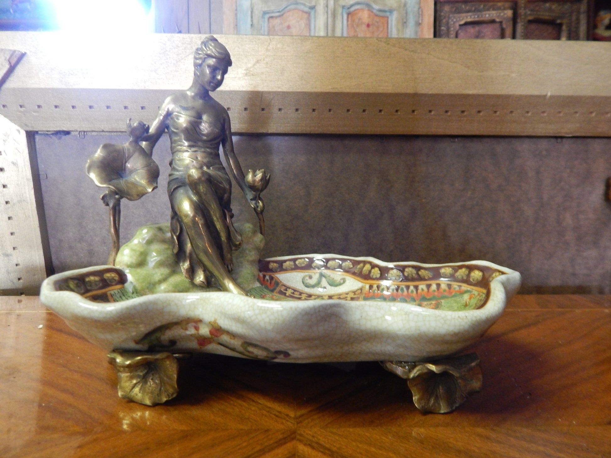 Sevres Porcelain - Green Dish French w/ Gilt Bronze Ormolu Lady Sitting-Jantiques LLC.