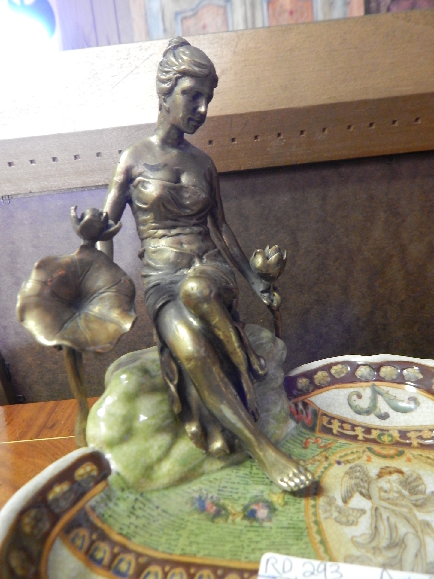 Sevres Porcelain - Green Dish French w/ Gilt Bronze Ormolu Lady Sitting-Jantiques LLC.