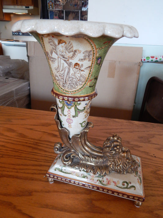 Sevres Porcelain- Green Cornucopia Vase French w/Gilt Bronze Ormolu God/Neptune-Jantiques LLC.