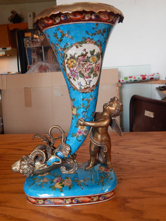 Sevres Porcelain - Blue Cornucopia Vase French w/ Gilt Bronze Ormolu Cherub-Jantiques LLC.