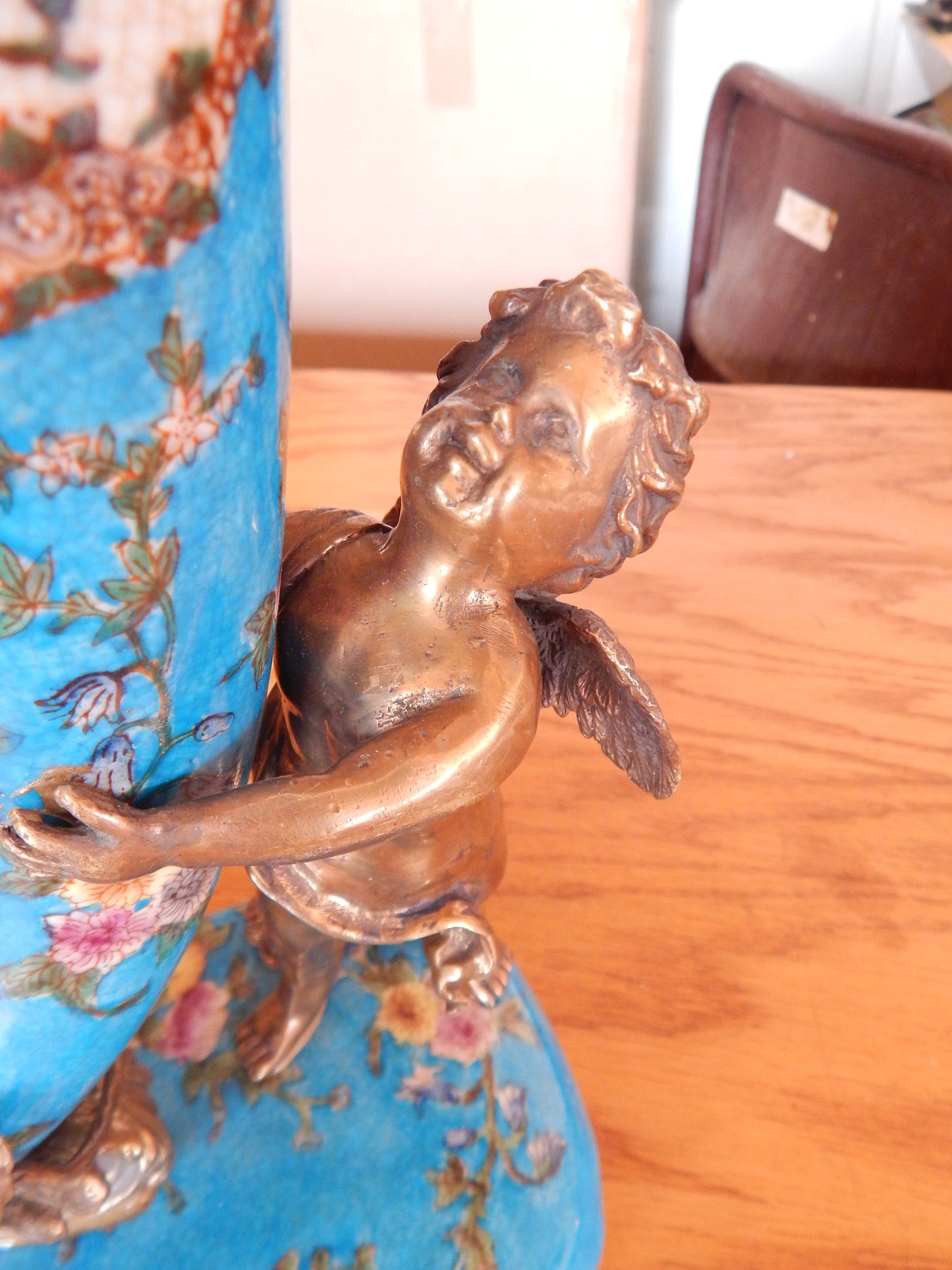 Sevres Porcelain - Blue Cornucopia Vase French w/ Gilt Bronze Ormolu Cherub-Jantiques LLC.