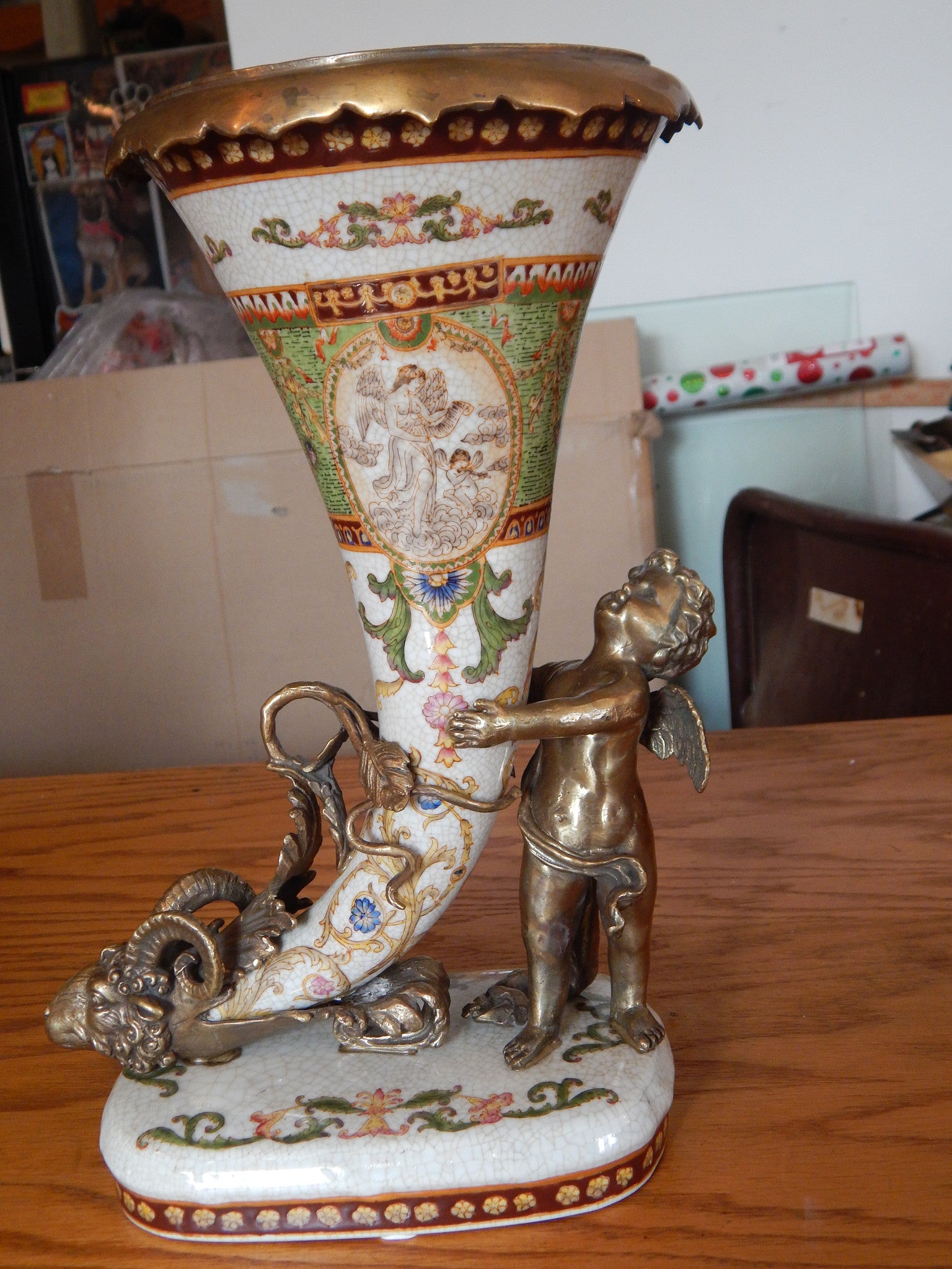 Sevres Porcelain - Green Cornucopia Vase French w/ Gilt Bronze Ormolu Cherub-Jantiques LLC.