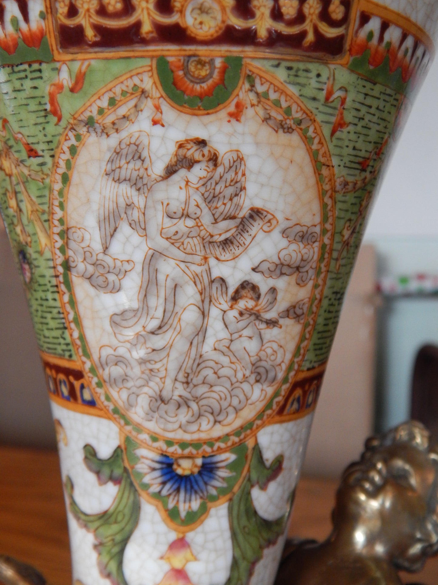 Sevres Porcelain - Green Cornucopia Vase French w/ Gilt Bronze Ormolu Cherub-Jantiques LLC.