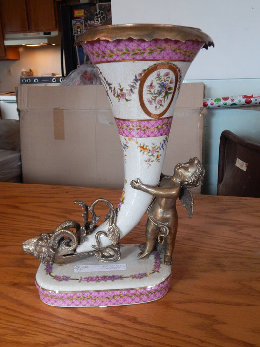 Sevres Porcelain - Pink Cornucopia Vase French w/ Gilt Bronze Ormolu Cherub-Jantiques LLC.