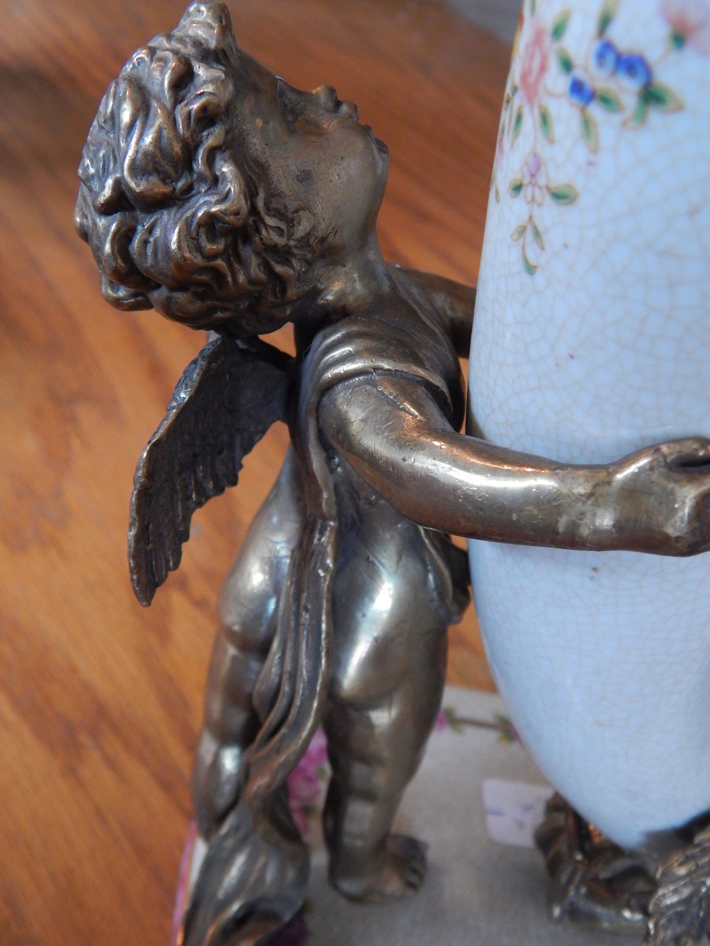 Sevres Porcelain - Pink Cornucopia Vase French w/ Gilt Bronze Ormolu Cherub-Jantiques LLC.