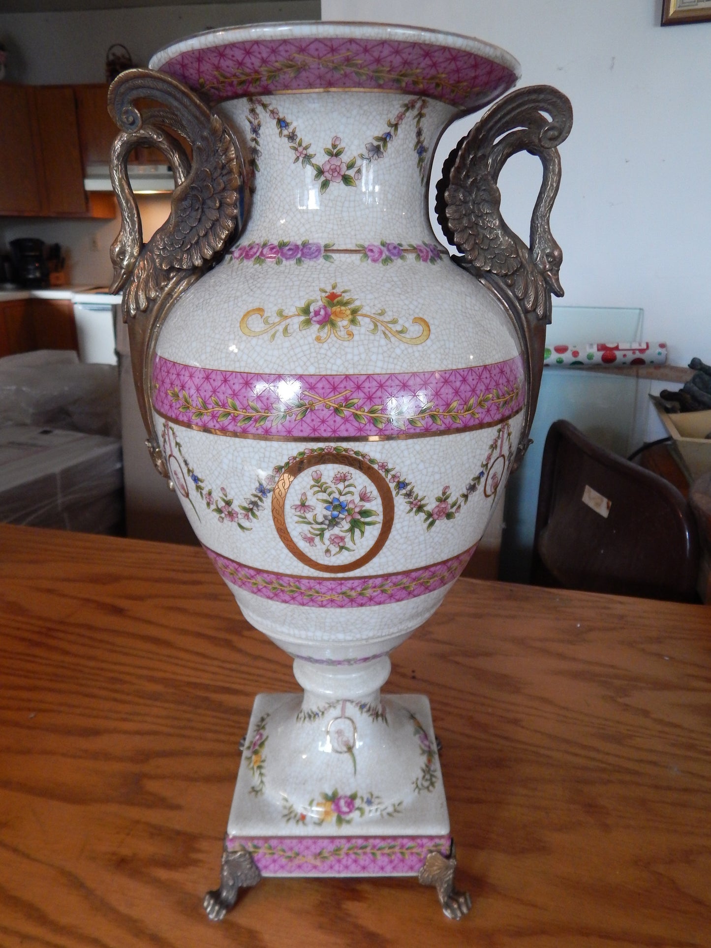 Sevres Porcelain - Pink Vase French w/ Gilt Bronze Ormolu Swan Handles-Jantiques LLC.