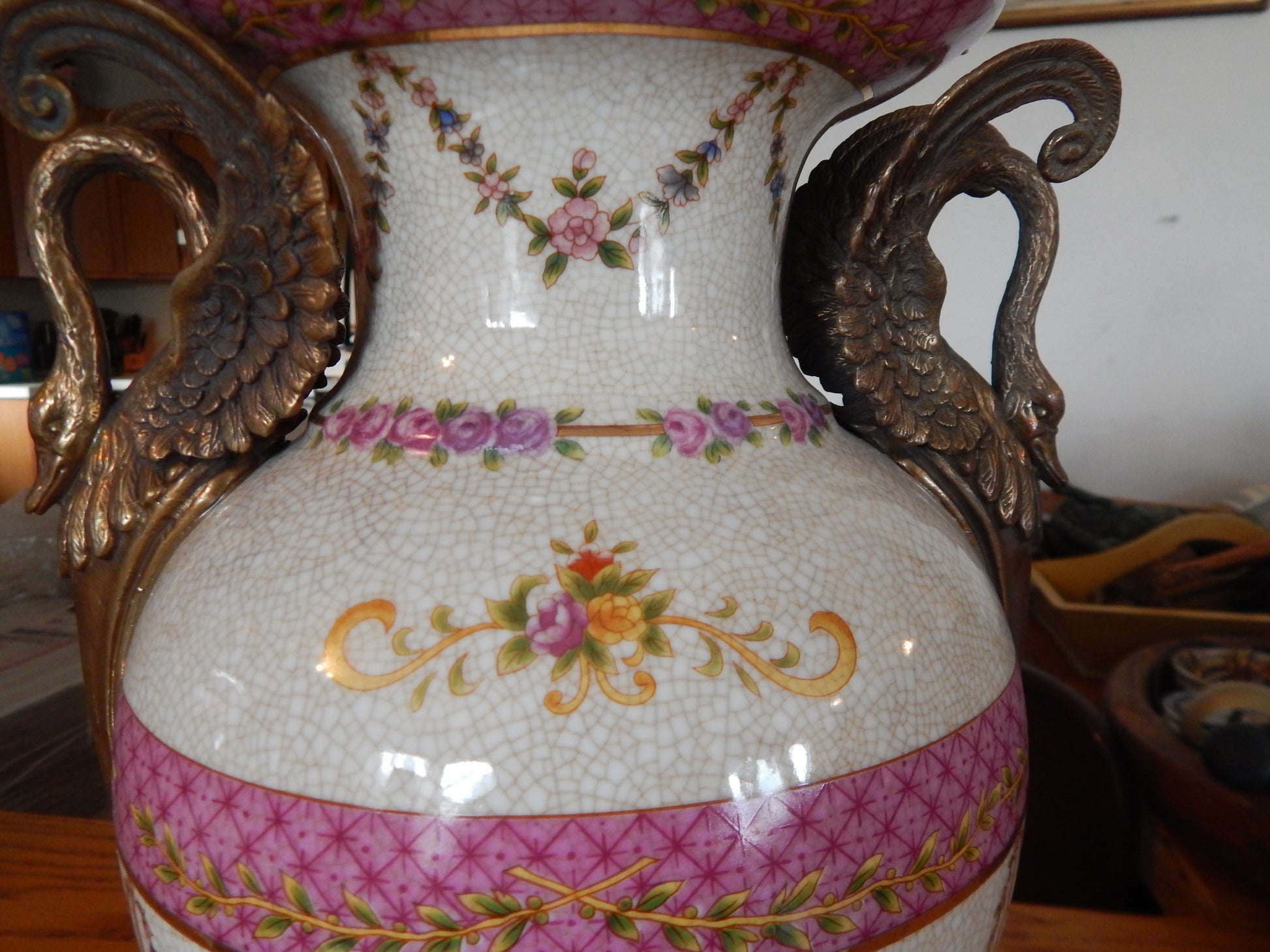 Sevres Porcelain - Pink Vase French w/ Gilt Bronze Ormolu Swan Handles-Jantiques LLC.