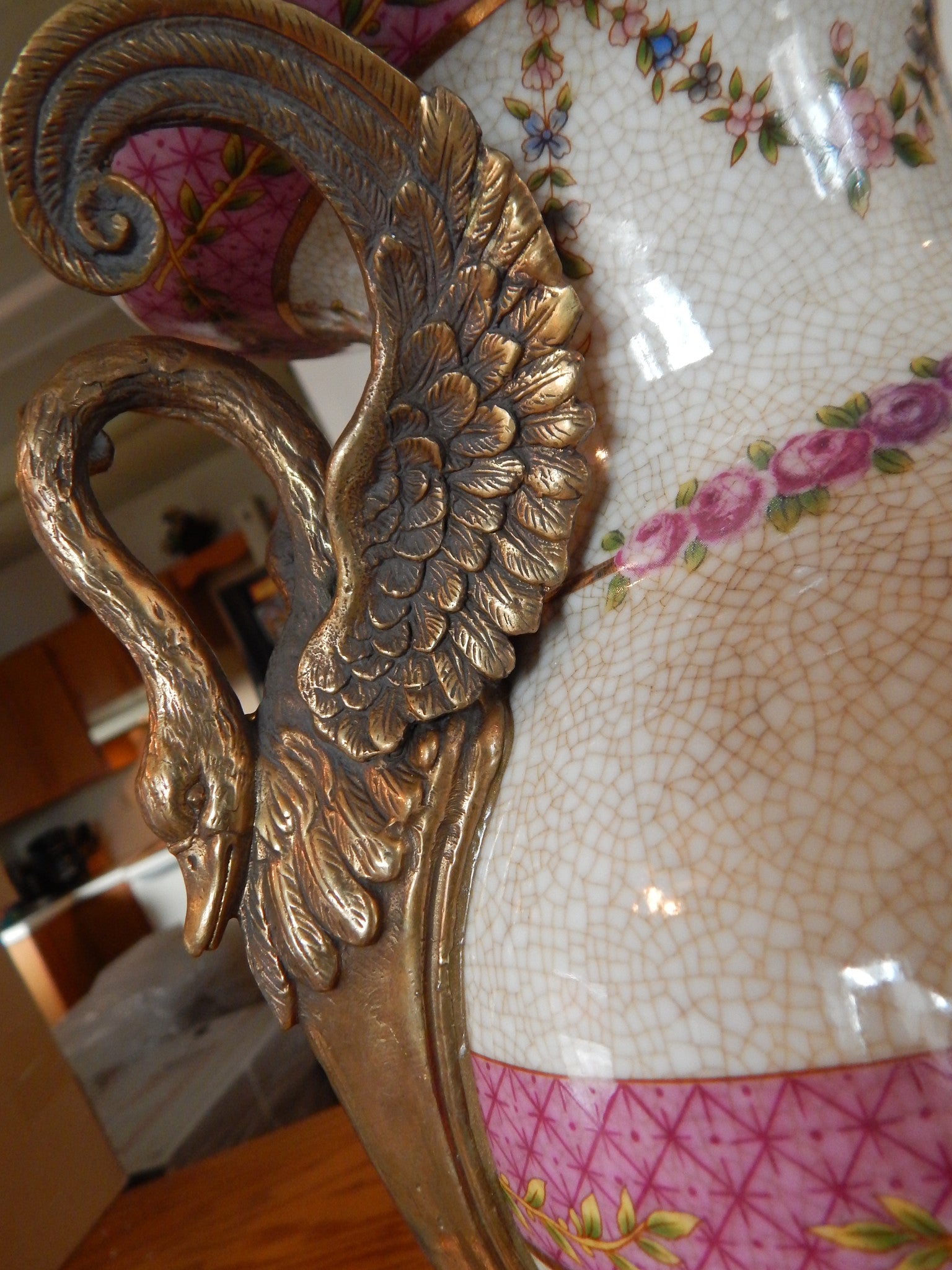 Sevres Porcelain - Pink Vase French w/ Gilt Bronze Ormolu Swan Handles-Jantiques LLC.