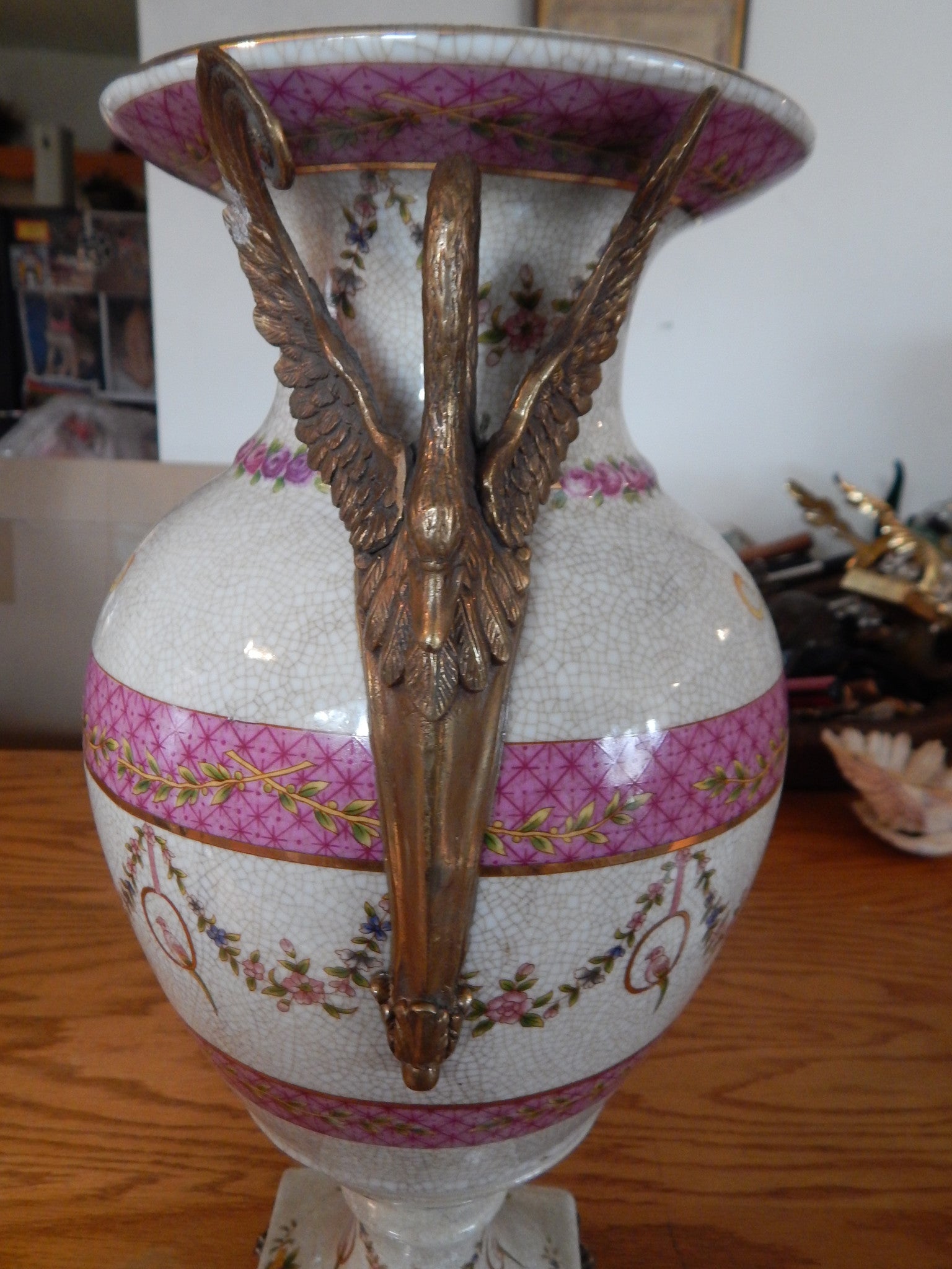 Sevres Porcelain - Pink Vase French w/ Gilt Bronze Ormolu Swan Handles-Jantiques LLC.