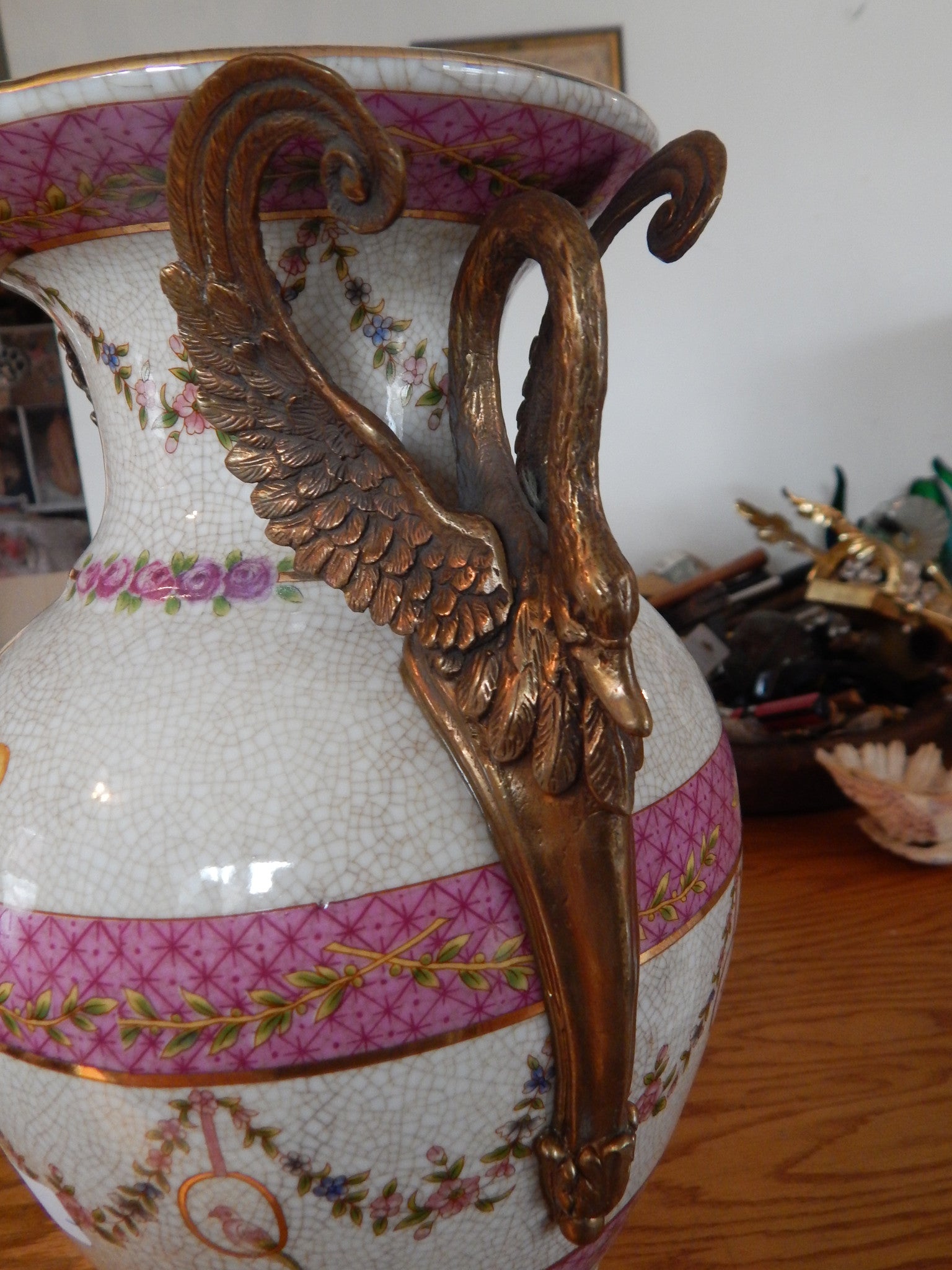 Sevres Porcelain - Pink Vase French w/ Gilt Bronze Ormolu Swan Handles-Jantiques LLC.