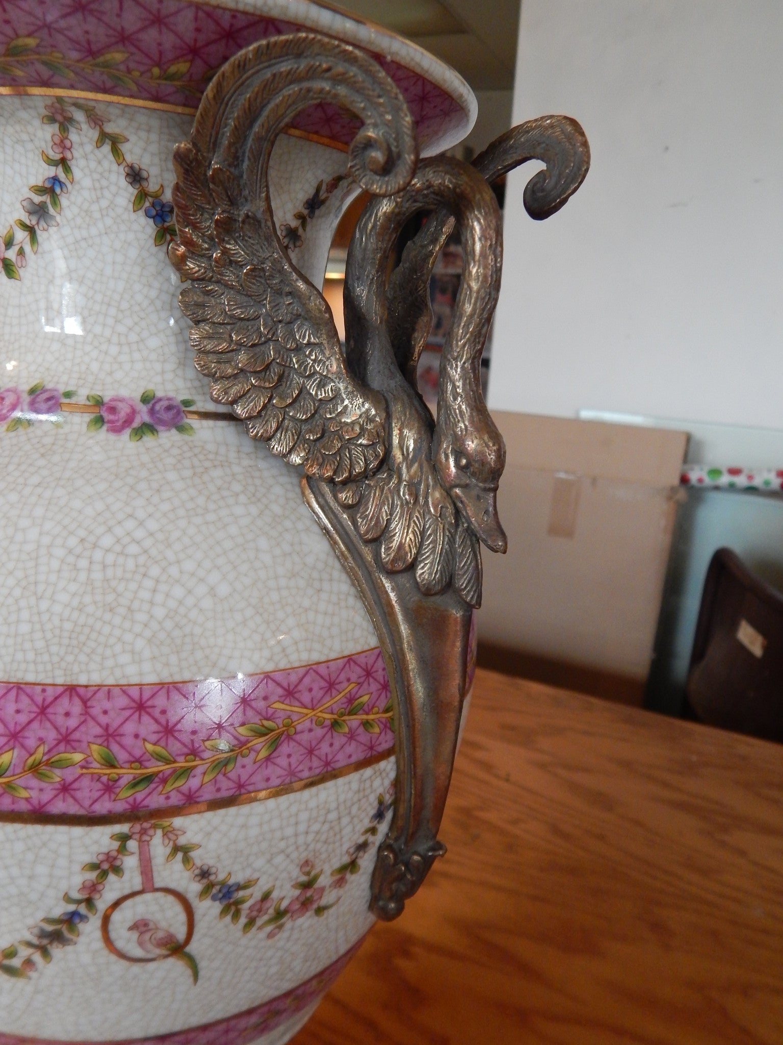 Sevres Porcelain - Pink Vase French w/ Gilt Bronze Ormolu Swan Handles-Jantiques LLC.