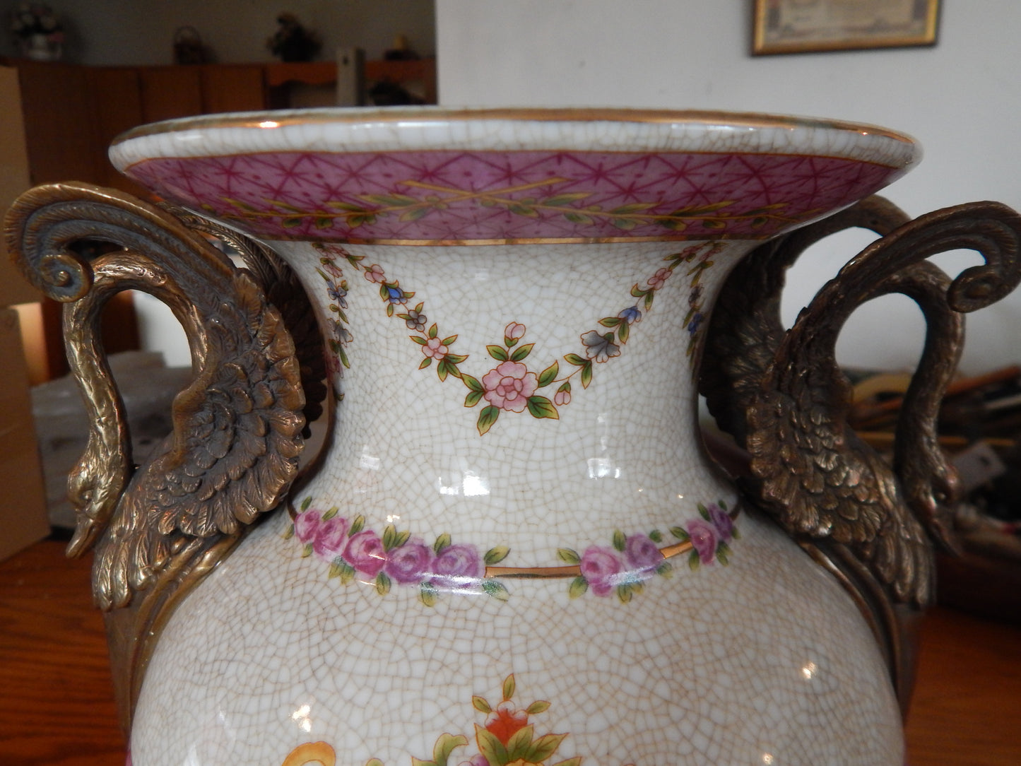 Sevres Porcelain - Pink Vase French w/ Gilt Bronze Ormolu Swan Handles-Jantiques LLC.