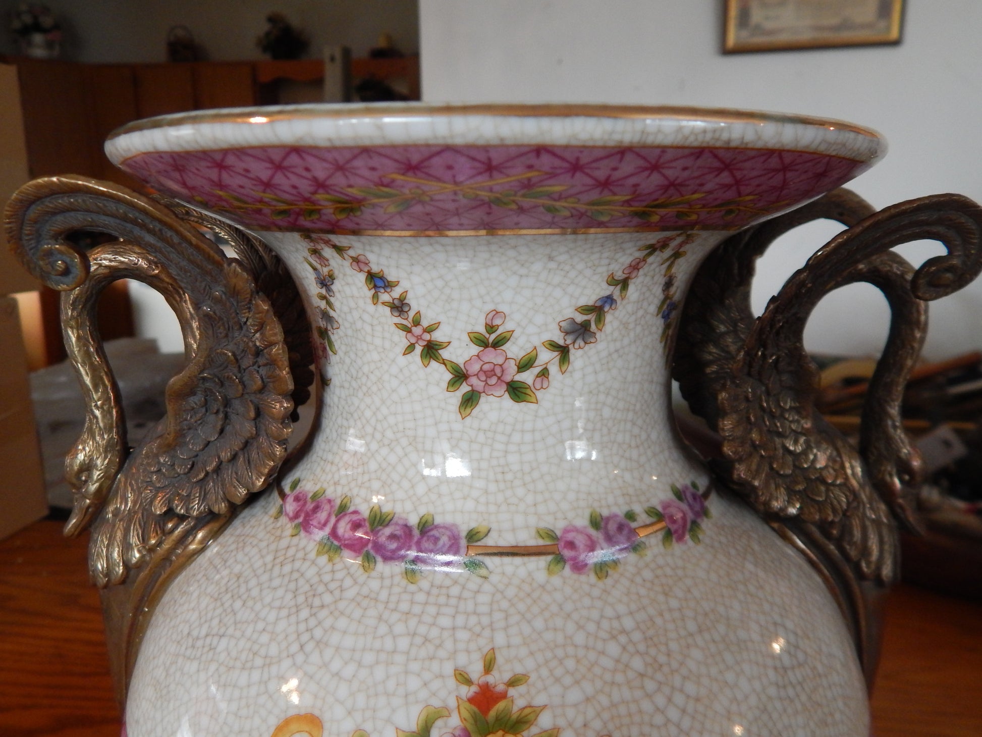 Sevres Porcelain - Pink Vase French w/ Gilt Bronze Ormolu Swan Handles-Jantiques LLC.