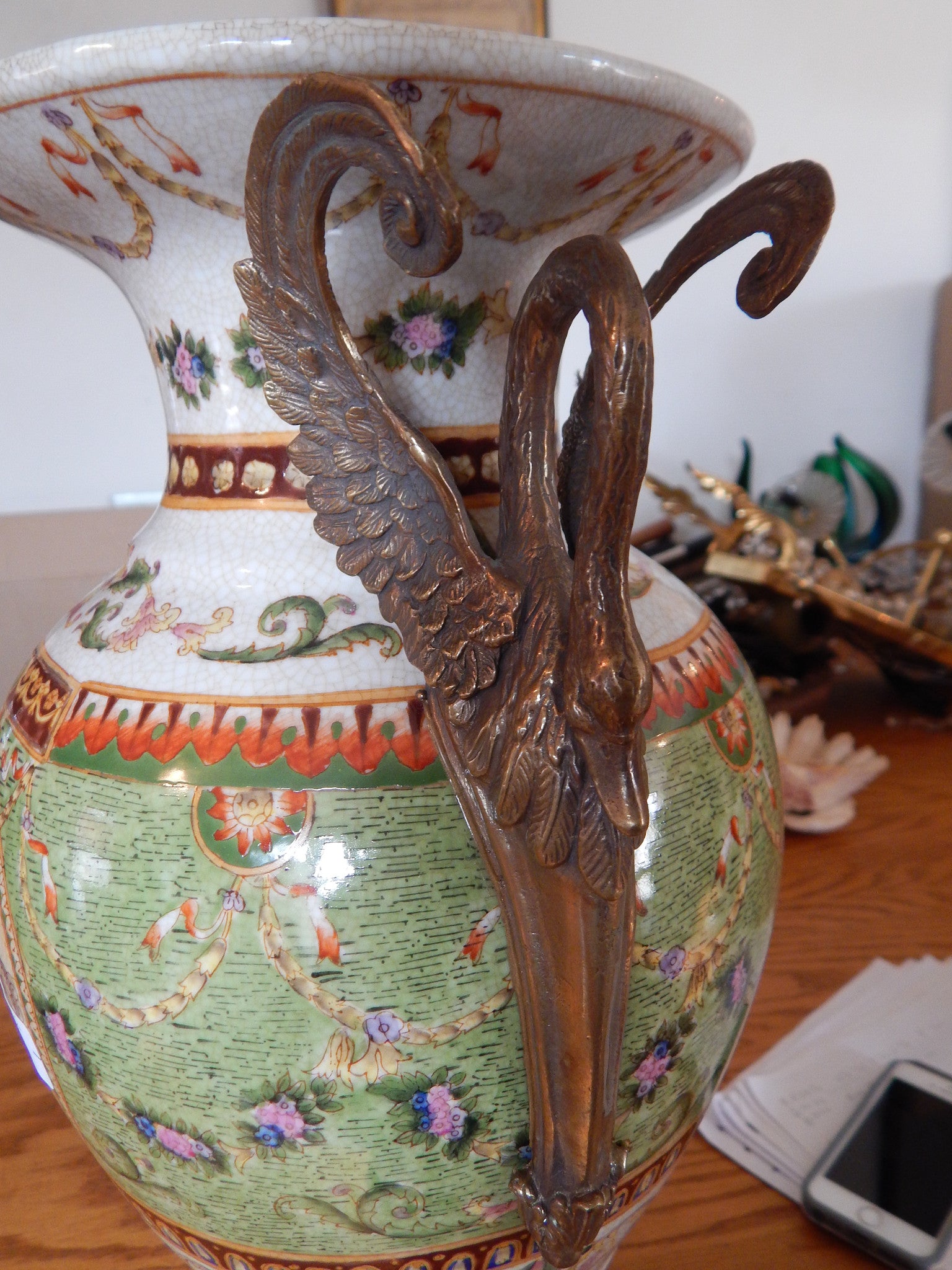 Sevres Porcelain - Green Vase French w/ Gilt Bronze Ormolu Swan Handles-Jantiques LLC.