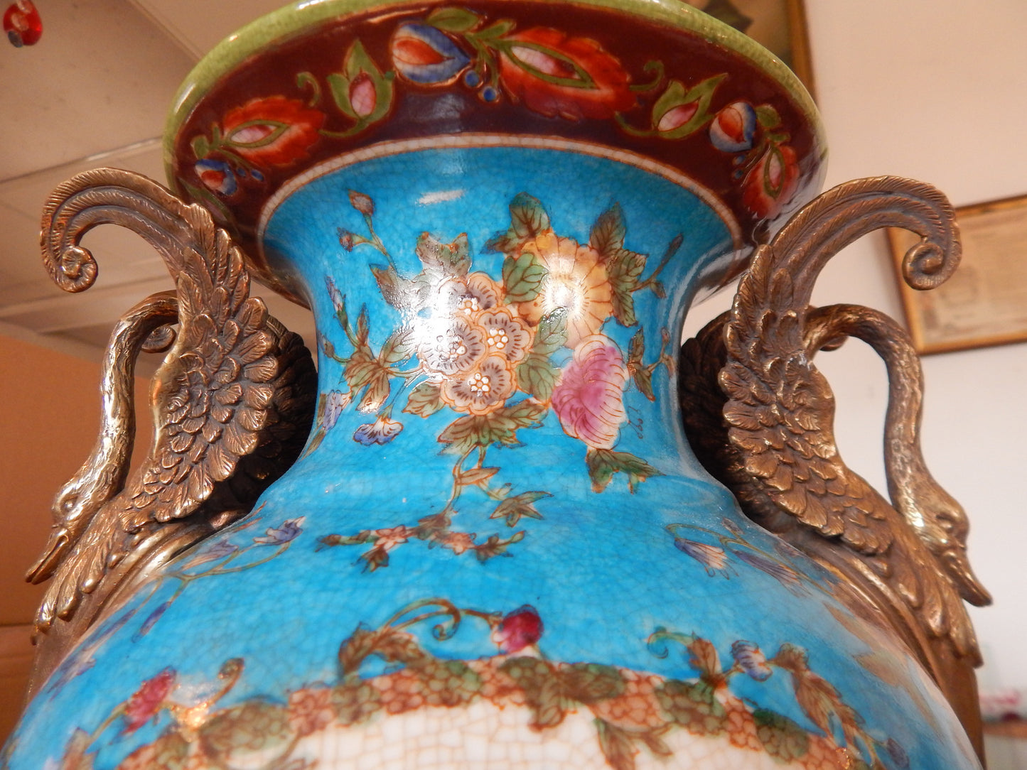 Sevres Porcelain - Blue Vase French w/ Gilt Bronze Ormolu Swan Handles-Jantiques LLC.