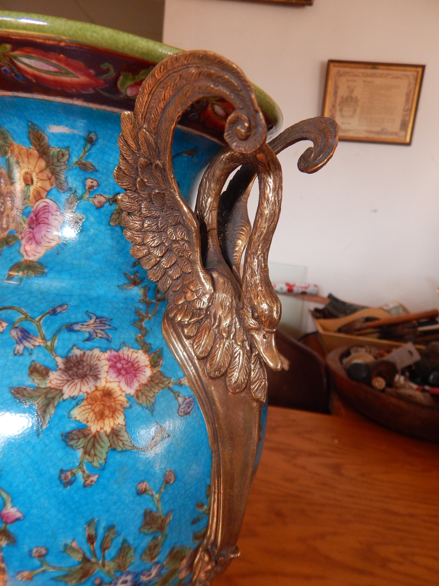 Sevres Porcelain - Blue Vase French w/ Gilt Bronze Ormolu Swan Handles-Jantiques LLC.