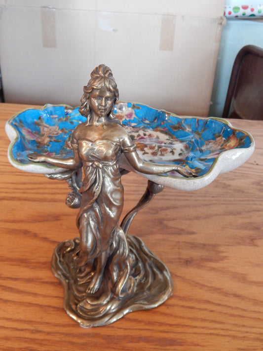 Sevres Porcelain - Blue Dish French w/ Gilt Bronze Ormolu Lady Standing-Jantiques LLC.