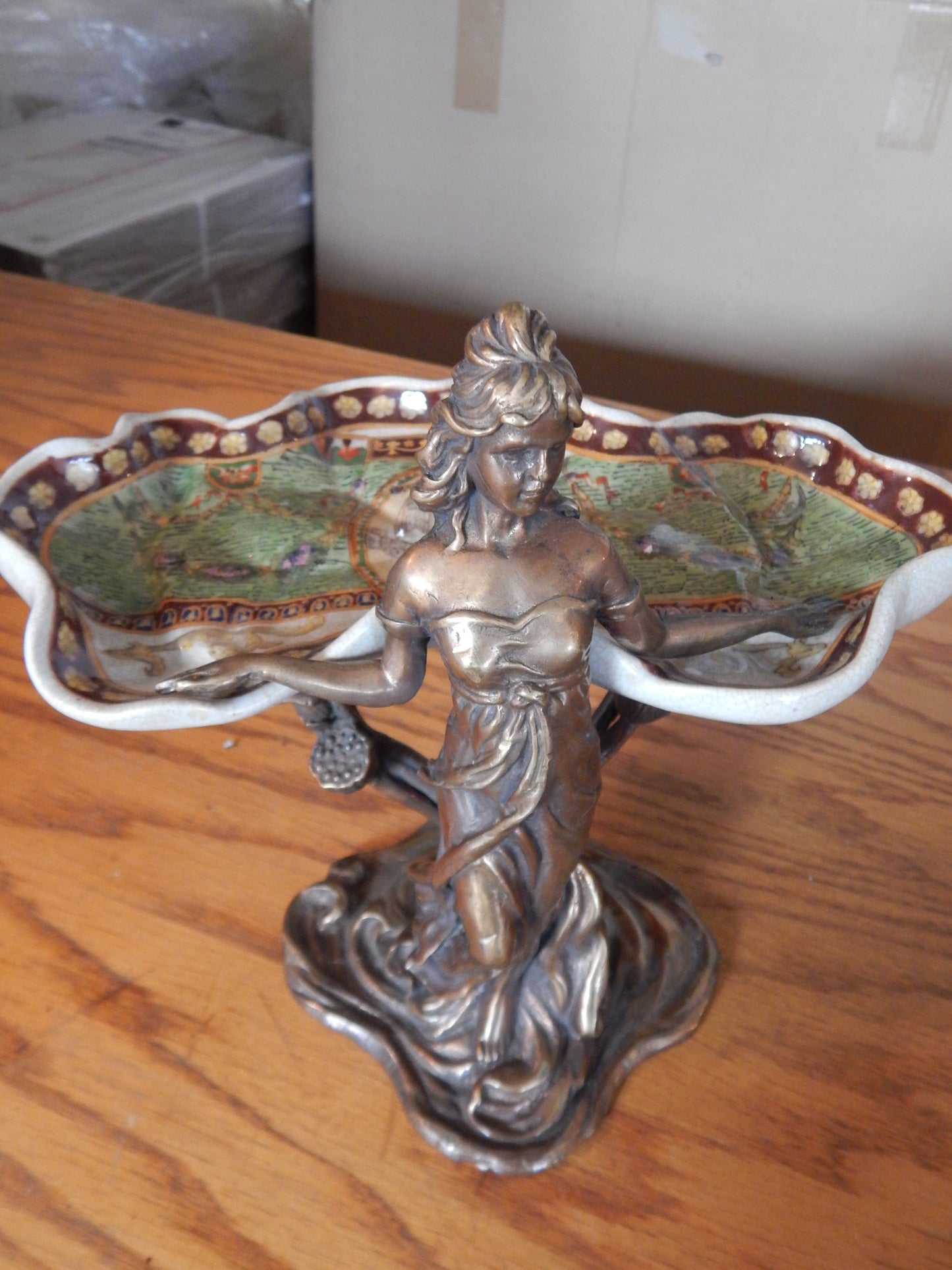 Sevres Porcelain -Green Dish French w/ Gilt Bronze Ormolu Lady Standing-Jantiques LLC.