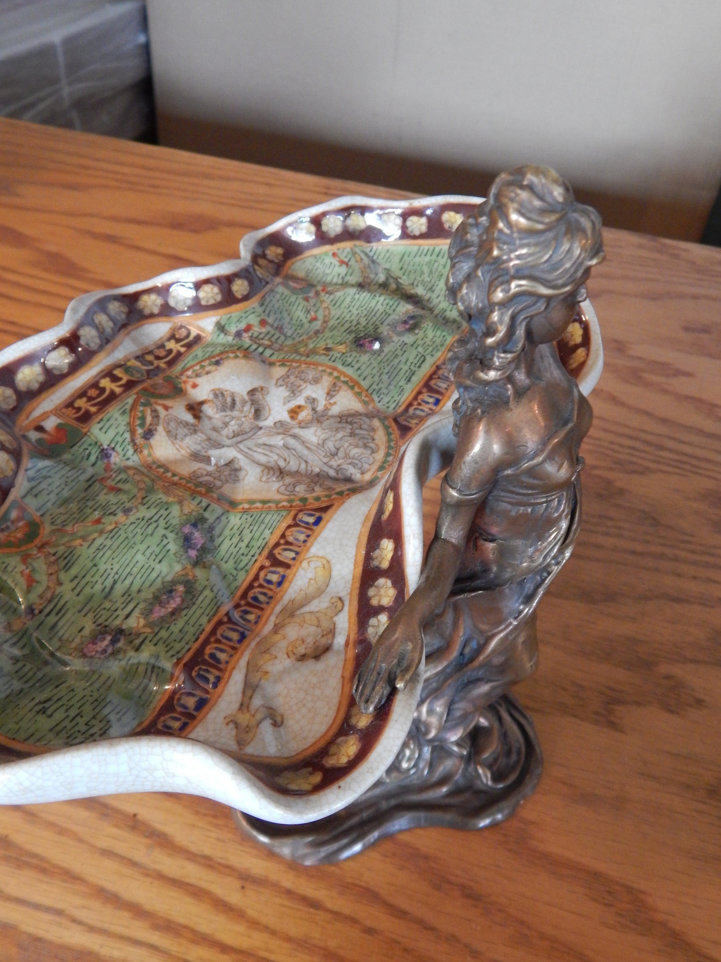 Sevres Porcelain -Green Dish French w/ Gilt Bronze Ormolu Lady Standing-Jantiques LLC.