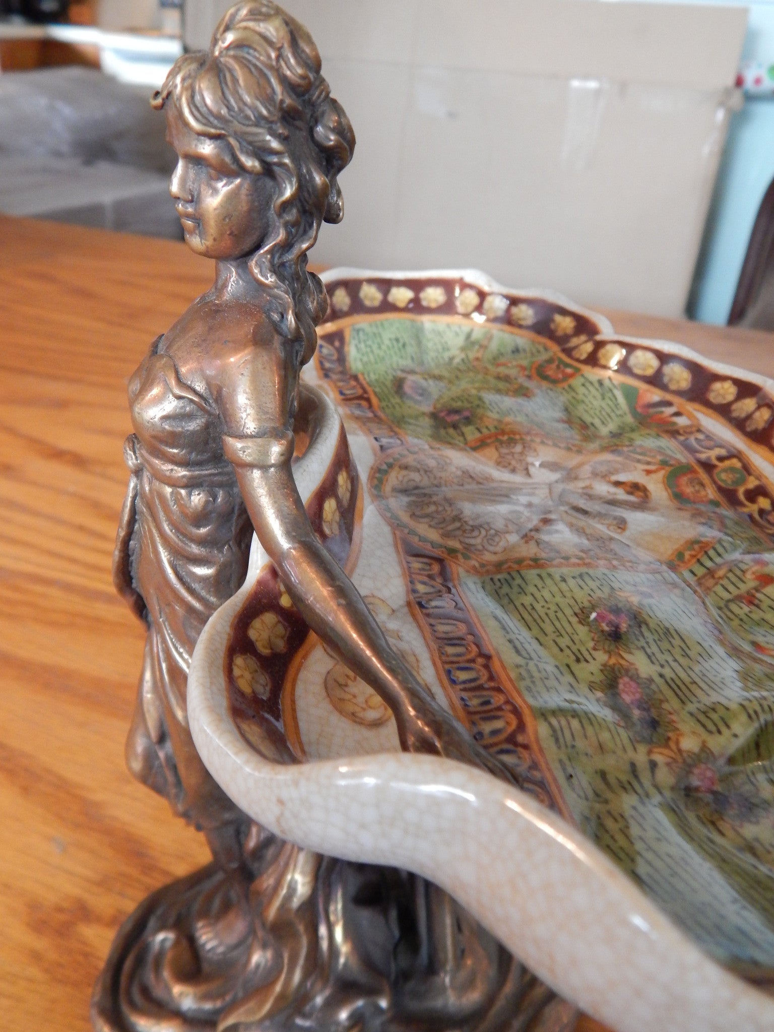 Sevres Porcelain -Green Dish French w/ Gilt Bronze Ormolu Lady Standing-Jantiques LLC.